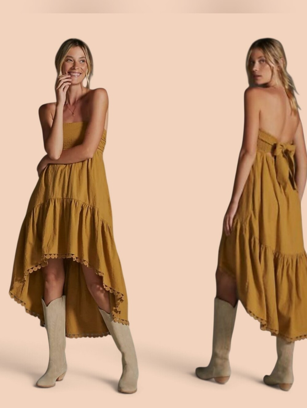 Anthropologie Maeve High Low Strapless Tiered Midi Dress In Gold Dust Size XL